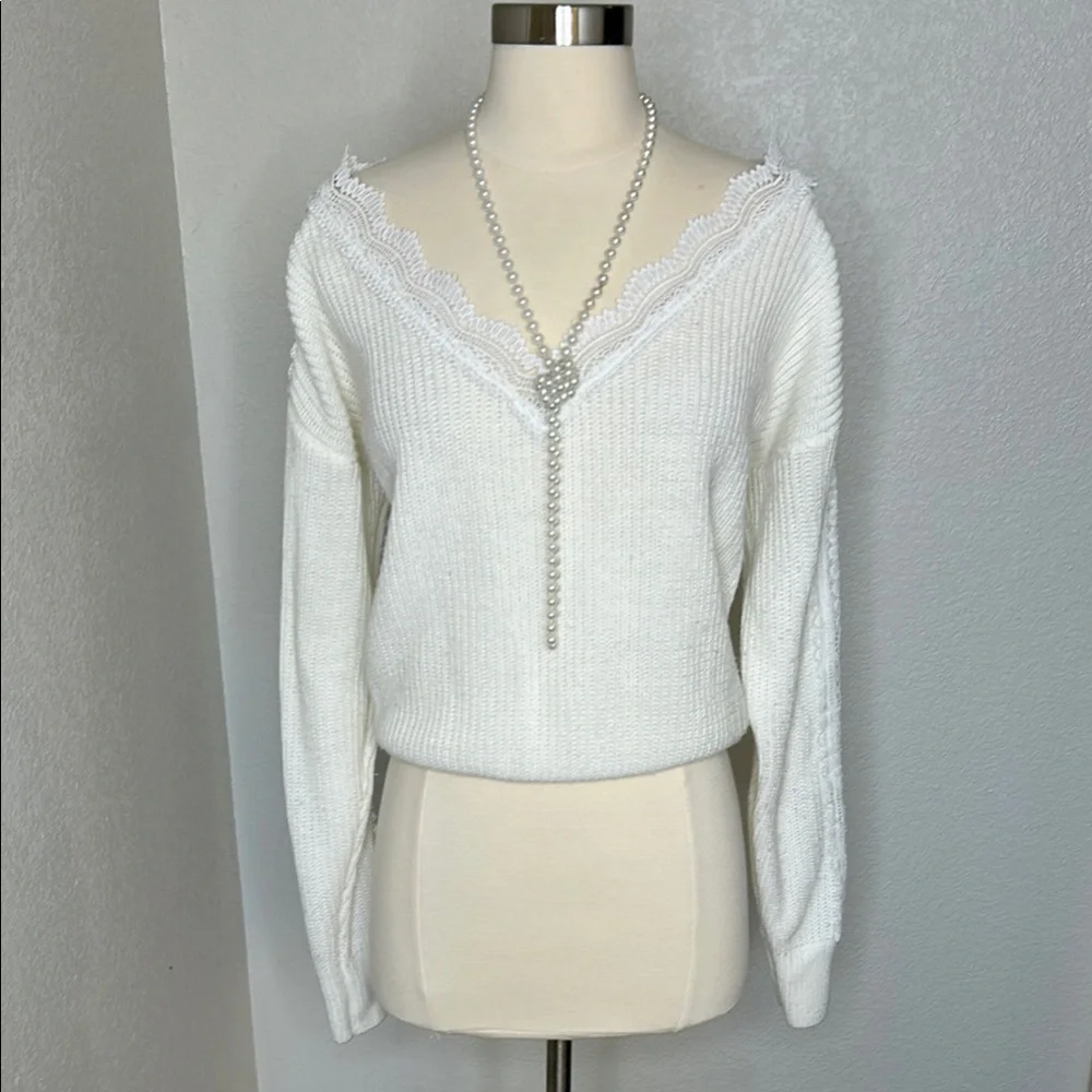 SHEIN White V-Neck Sweater with Cropped Fit
